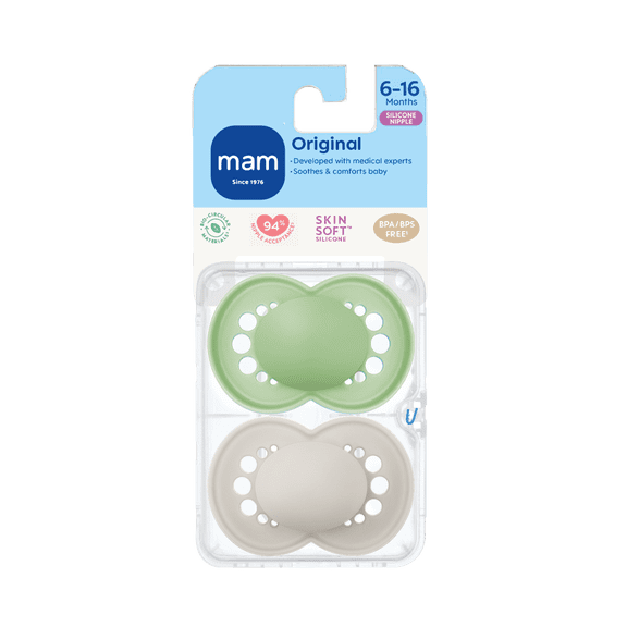 Suce MAM Original Matte (emballage de deux, 1 boîtier de stérilisation), suces 6 mois et plus, suce pour bébé garçon, meilleure suce pour les bébés allaités, boîtier de stérilisation