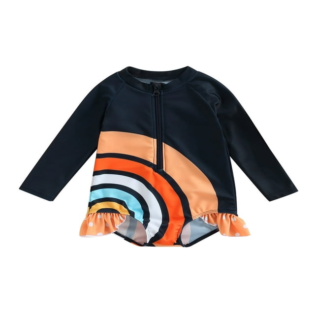 Baby Girls Long Sleeve Swimsuit Ruffle Zipper Rash Guard Swimwears