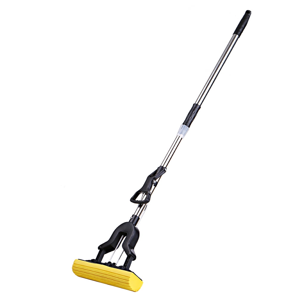 Absorbent PVA Mop Sponge Mop with Stainless Steel Telescopic Pole Extendable Handle Mopstick for Household Ofiice Cleaning Black (Sponge Head Randomly Delivered with Yellow or Grey)