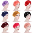 thumbnail image 3 of Three Flower Decal Design Turban Hat Elastic Hijab Cap Hair Loss Cover Headwear, 3 of 6