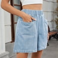 thumbnail image 5 of Olyvenn Women's Denim Shorts, Elastic Wasit Mid Rise Loose Fit with 2 Front Pockets, Stretchy Jeans Short Pants Light Blue L, 5 of 5