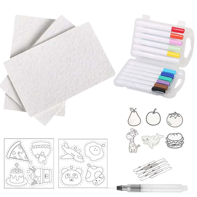 A Puffy Paint Drawing Canvas Sponge 10Ml 3D Art Craft Kit A #49801 designed for kids' arts and crafts. Includes foam textured paper sheets, pre-designed sticker line drawings, colored markers, a large soft-tip watercolor pen, and bead chains. Perfect for creative 3D art projects.