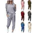 thumbnail image 1 of YUGYXL Survêtements pour Femmes Grande Taille Décontractés Ensemble 2 Pcs Léger Confortable Couleur Unie Chandail à Col Rond Assorti Pantalon de Survêtement Extensible Tenues Économies d'Automne Vert Armée,XXXXXL, 1 of 6