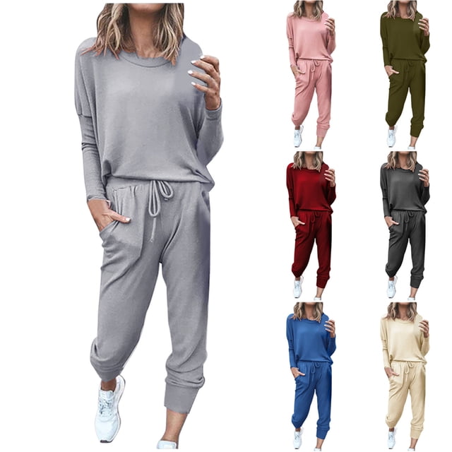 YUGYXL Survêtements pour Femmes Grande Taille Décontractés Ensemble 2 Pcs Léger Confortable Couleur Unie Chandail à Col Rond Assorti Pantalon de Survêtement Extensible Tenues Économies d'Automne Vert Armée,XXXXXL