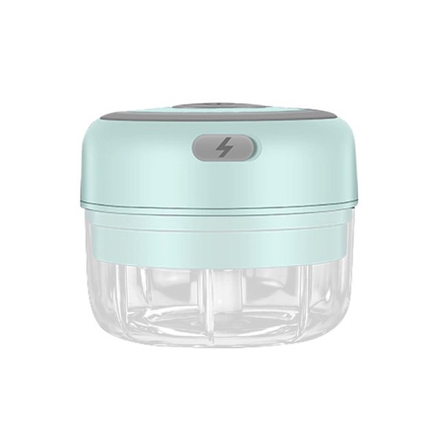 axGear Electric Mini Garlic Vegetable Chopper Food Slicer and Portable Blender Masher with a compact design featuring a mint green top and a transparent 100ml BPA-free container. Equipped with stainless steel blades and a one-touch operation button, this rechargeable chopper is ideal for chopping garlic, vegetables, nuts, and more. The lightweight and portable design makes it suitable for small kitchens, travel, and camping. Includes a USB charging cable.