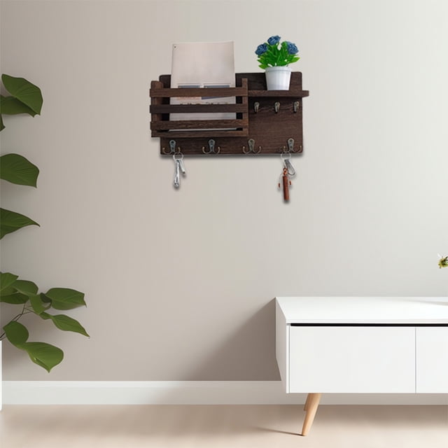 Wall Mount Key Holder with Hooks, Iron and Wood Key Organizer for Entryway, Space Saving Key Hanger for Wall, Multi Hook Key Rack for Keys and Cards, Compact Key Storage Solution for Foyer