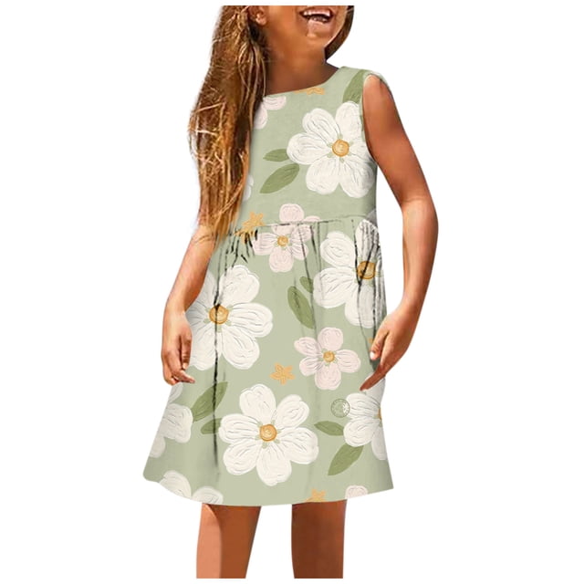 PMVFHDE Robe Florale Printemps Été pour Filles / Col Rond Sans Manches Tenue Décontractée / Tenue de Fête Légère pour Tout-Petits à Préadolescents 1reen, 7-8