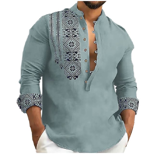 Men's Cotton And Linen Jacket Long Sleeve Printing Shirt Button Cardigan