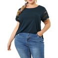 thumbnail image 4 of Agnes Orinda Women's Plus Size Tops Lace Panel Short Sleeves Spring Summer Solid Work Blouses 4X Dark Blue, 4 of 7