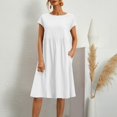 thumbnail image 1 of JUNWELL Robes d'Été Vacances Genou Ample Décontracté Robe Blanche Poche Coton Lin Col Rond Jupe Ligne A Grande Taille, 1 of 7