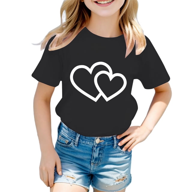 LUOGENLI T-Shirt pour Filles Enfant Filles Mignon Graphique Col Rond Manche Courte Tee Été Décontracté T-Shirt Maxi Hauts Ensembles Filles Tenue 2 Pcs Floral Noir 8-9 Ans
