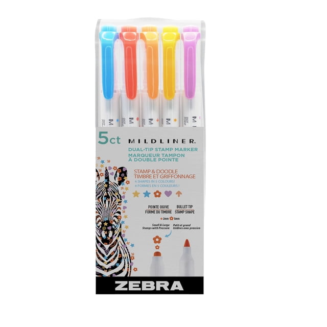 Enlumineur Mildliner à Double Extrémité, Tampon 5 Pa. Surligneurs pastel Doux à Double Extrémité Affichés dans une Vue Centrée et Orientée vers l'Avant; Chaque Stylo Présente une Pointe d'Enlumineur Biseautée et une Pointe de Tampon Arrondie en Cinq Couleurs Pâles avec une Encre Non Toxique, Souvent Utilisé pour l'Estampage d'Agenda et le Journal.