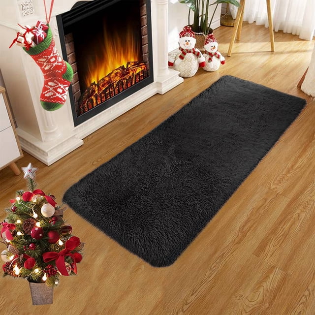 Plush Velvet Fleece Bath Mat - Ultra Soft & Water Absorbent, Non-Slip Backing, Machine Washable, Modern Solid Color Bathroom Rug, Black, JKODE