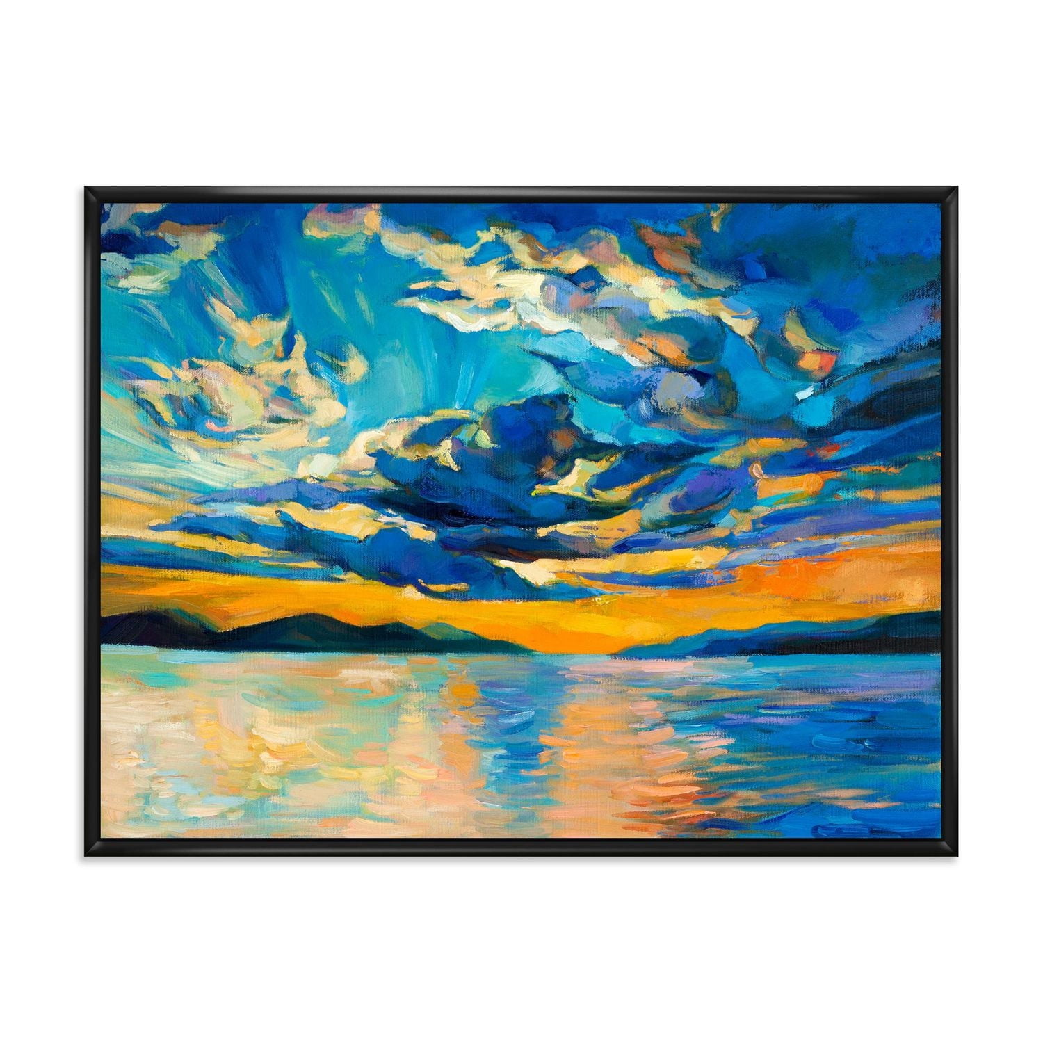 Designart Cloudy Wide Open Sunset Over Ocean Horizon FLOAT FRAME WALL ART