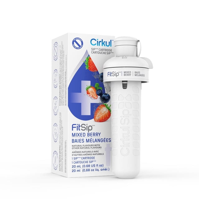 Cirkul FitSip Mixed Berry Flavour Cartridge, 1-pack showing a white plastic cartridge with embossed CirkulSip branding and a white cap labeled Mixed Berry, next to its white box featuring blue and red mixed berry graphics and bilingual English-French text, designed to add natural mixed berry flavour to water with no sugar or calories, ideal for improving hydration during exercise.