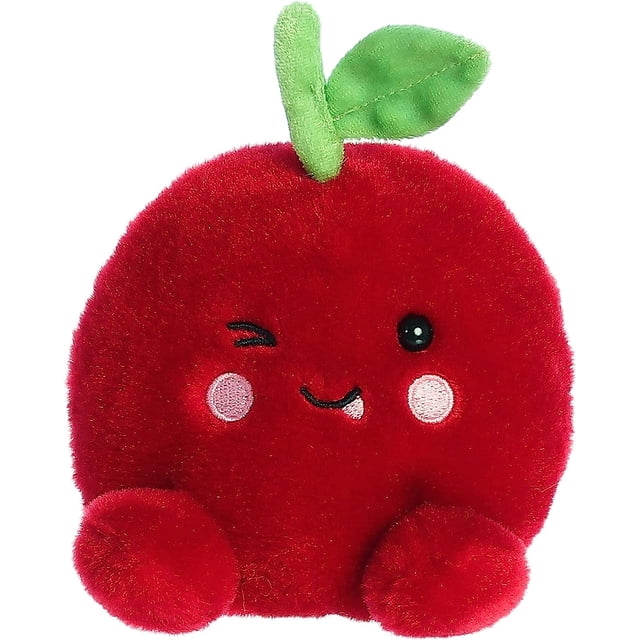 Aurora - Palm Pals - Peluche Cordial Cherry de 5 Pouces, Présentant une Couleur Rouge Cerise Vive, une texture Douce et Moelleuse, et des Détails Brodés Adorables, Incluant un Visage Clin d'Oeil et un accent de Feuille Verte. Cette Peluche de 5 Pouces Est Rembourrée pour une Sensation Câline et Contient des Granules de Haricot pour la Stabilité. Convient à Tous les Âges et Parfait pour la Collection.
