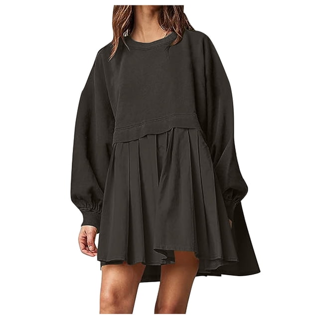 Pisexur Robe Chandail Surdimensionnée pour Femmes, Col Rond, Manches Longues, Patchwork, Robe d'Automne, Chandail à Enfiler, Hauts Amples et Fluides, Robe Chandail, Mini-Robe