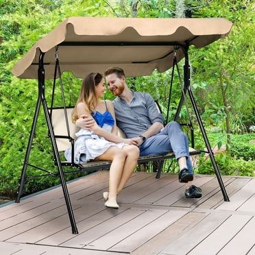Gymax Brown Outdoor Swing Canopy Patio Swing Chair 3 Person Canopy Hammock
