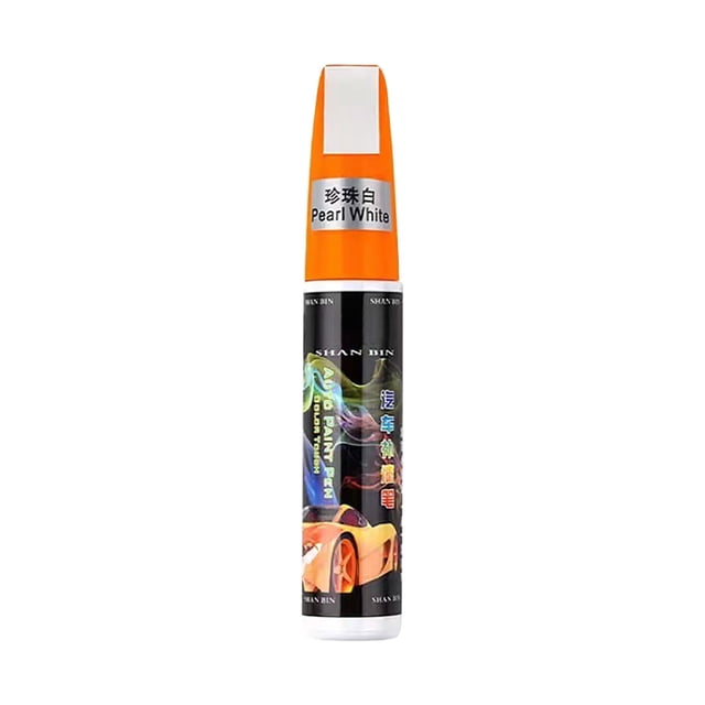 White 2-In-1 Car Scratch Repair Pen 12Ml Touch Up Paint for Vehicles with a metal tip and brush, fast-drying formula, universal color matching, and ideal for auto body repair and scratch removal. The pen is upright with an orange cap and black body featuring colorful graphics and text.