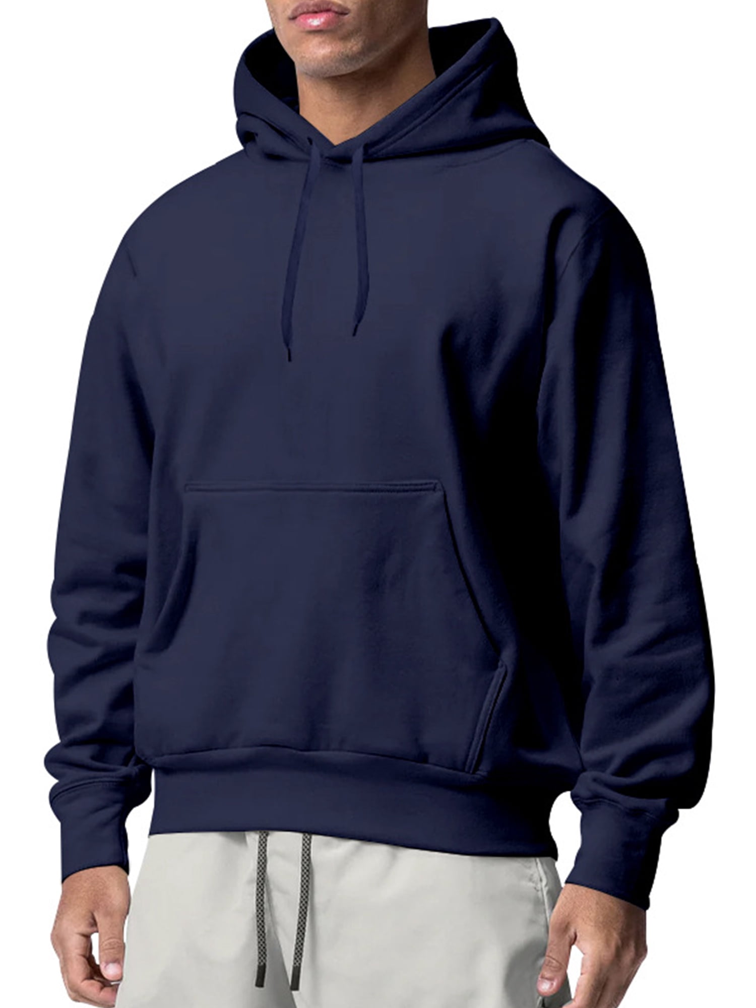 Innerwin Sweatshirts Drawstring Men's Hoodies Fall Solid Color Thick Hooded Sweatshirt Navy Blue XS