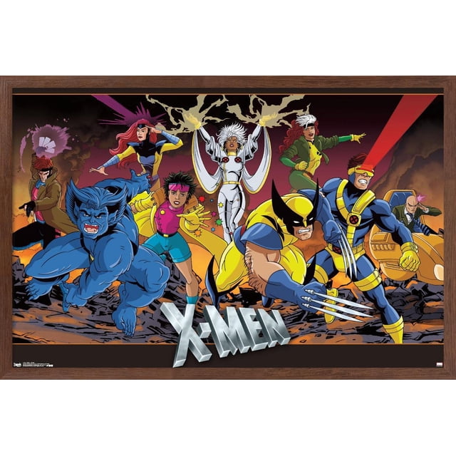 Marvel Comics - The X-Men - Affiche Murale de Groupe, 22,375 Pouces x 34 Pouces Mettant en Vedette Huit Personnages X-Men en poses d'Action Dynamiques sur un Sol Craquelé et Rocheux avec un Fond Fumé. Comprend Bête Accroupie en Fourrure Bleue, Wolverine en Jaune et Bleu avec Griffes Allongées, Cyclops Tirant une Optique Rouge, Tempête en Blanc avec Effets Éclair, Rogue Pointant vers l'Avant en Vert et Jaune, Jubil