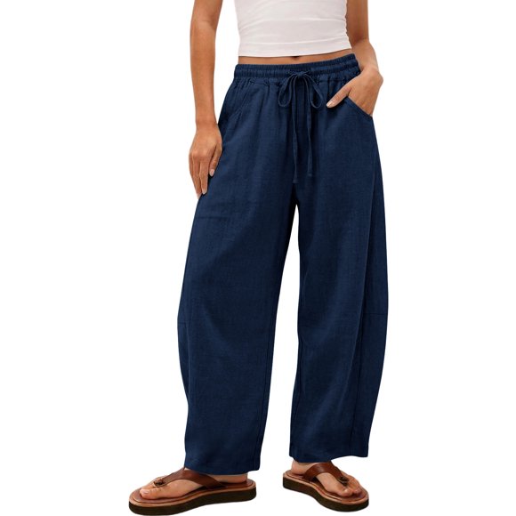 Nfurl Pants for Women Trendy Summer Wide Leg Linen Pants with Pockets Casual Elastic Waist Drawstring Trousers for Beach Vacation Navy,S