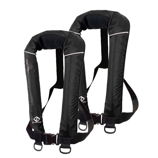 FLOATTOP Adult Universal Size 2pcs Black Inflatable Life Jacket with 33gram CO2 Cylinder. Features a durable nylon oxford protective cover, hi-vis reflective edge closure, and 33 lbs of buoyancy for individuals over 80 lbs. Designed for chest sizes 30-52 inches and suitable for users aged 16 and older. Lightweight design allows for free movement.