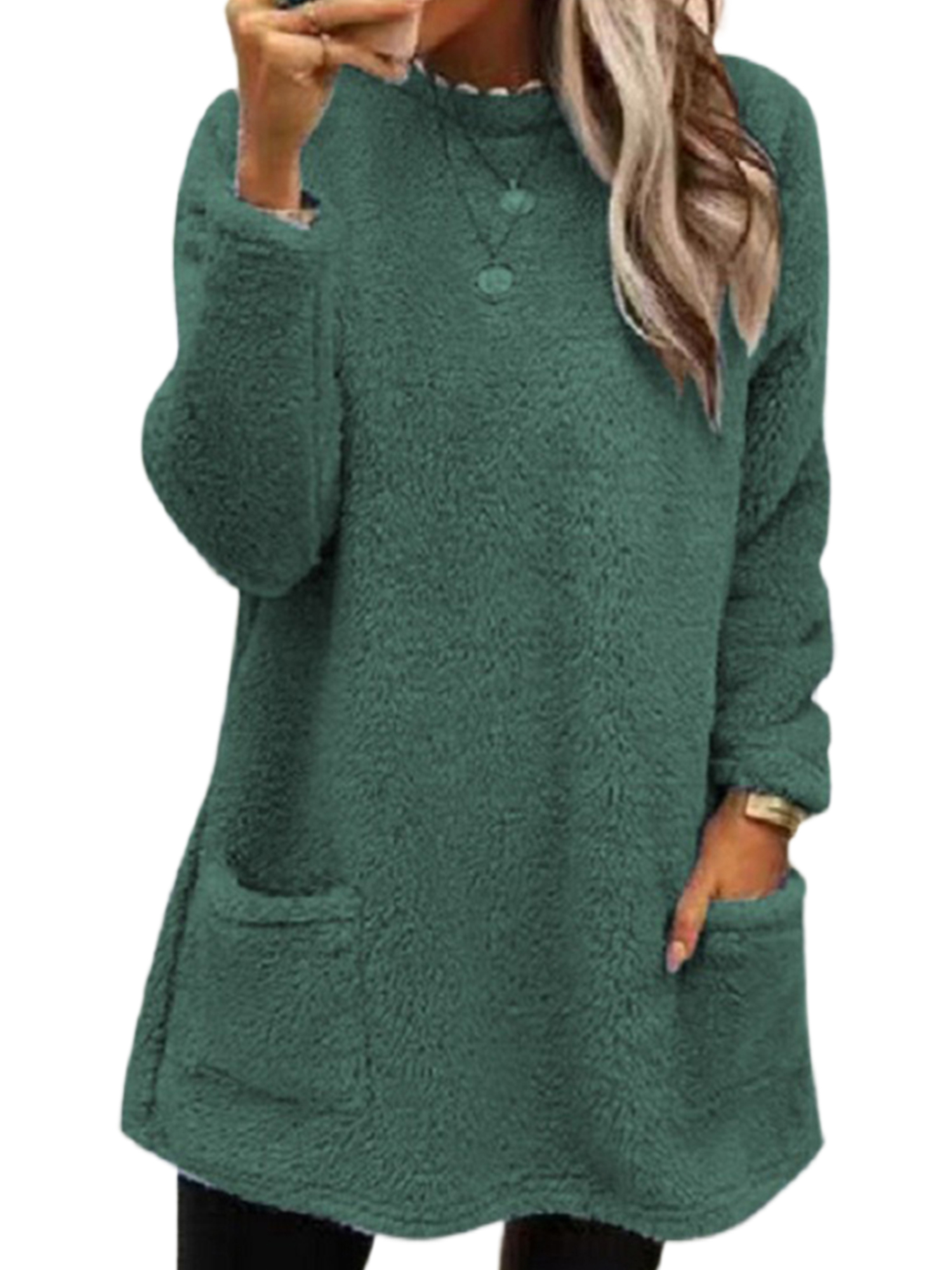 LUXUR T-Shirt en Molleton Doux pour Femmes, Ample, Vert Olive, 2TG