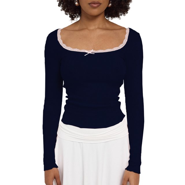 Gupgi Women Long Sleeve Crop Top Lace Trim Top Spring Slim Fit Basic Tops