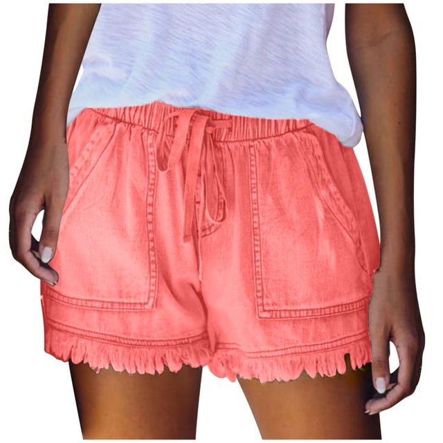 LLYWEY Womens Jeans Shorts, Ladies Ribbed Distressed Denim Shorts, Drawstring Elastic Waist Women Cut Off Jeans with Pockets, Style ST-22, Pinks, XL
