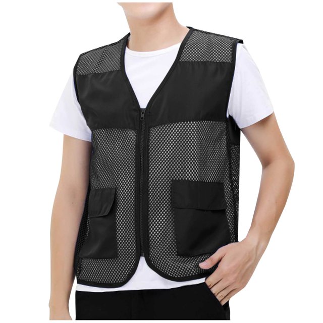 Cameland Plus Size Men Vest Tops Solid-Color Convenient Mesh Outdoor Breathable Zipper Pockets V-Neck Tank Top