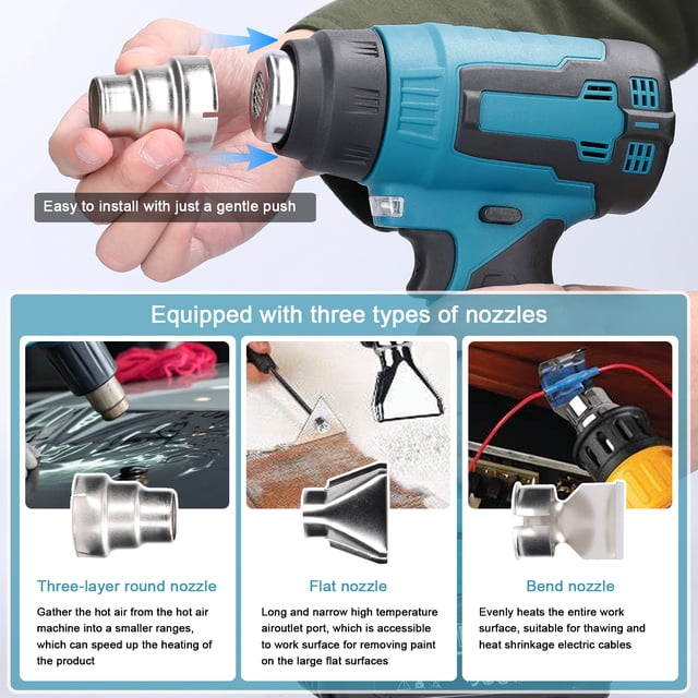 Heavy Cordless Handheld Hot Air Heating Machine Lithium Rechargeable Heating Equipment HighTemperature Power Tool with 3 Nozzles for Shrink Wrapping Heat Shrink Tube PVC