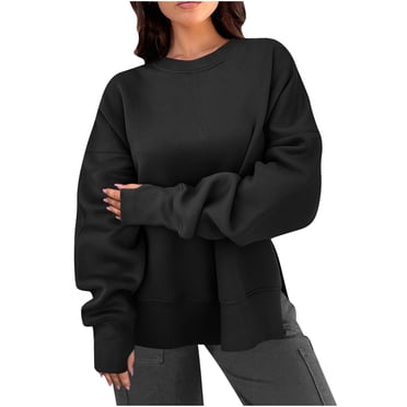 Pisexur Chandails en Molleton à Capuche pour Femmes Couleur Unie Col Rond Décontracté Élégant Manches Longues Mode Automne Ample Surdimensionné Léger Confortable Ourlet Fendu