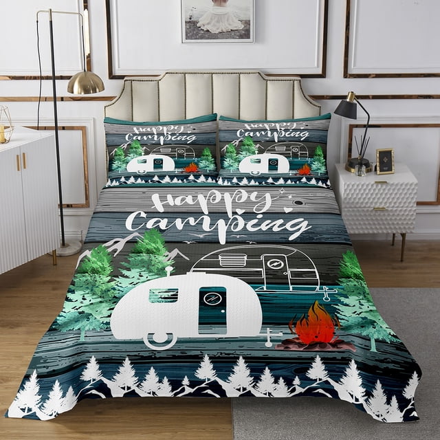 Erosebridal Happy Camping Coverlet Set Queen, RV Camper Bedding Set, Lake House Decor, 3 Pieces