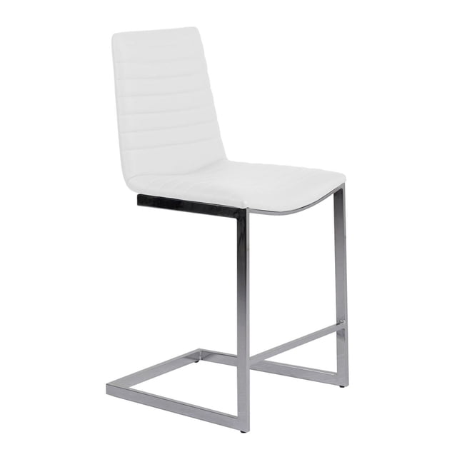 Canadian Pringle Pub Chair Black with a white leatherette seat featuring horizontal stitching and a chrome cantilever base, designed as an ergonomic bar stool ideal for kitchen and dining seating.