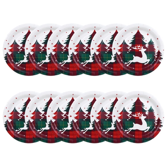 Christmas Red, Green and White Plaid Christmas Tree and Deer Small Paper Plate, 7 in Dia, 12 Count, Tableware Sets, Holiday Time