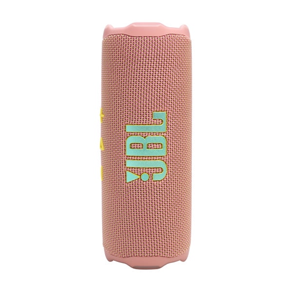JBL Flip 7 portable waterproof and drop-proof Bluetooth speaker in pink with a cylindrical fabric grille and green JBL logo, delivering wireless audio with up to 16 hours playtime and durable design suitable for outdoor use.