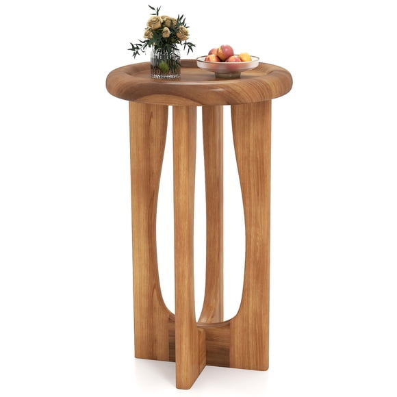 Gymax 14'' Round Mahogany Accent Table Farmhouse End Table w/ Round Tray Top
