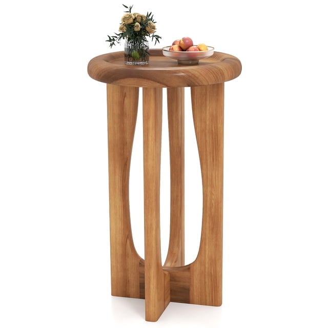 Gymax 14'' Round Mahogany Accent Table Farmhouse End Table w/ Round Tray Top