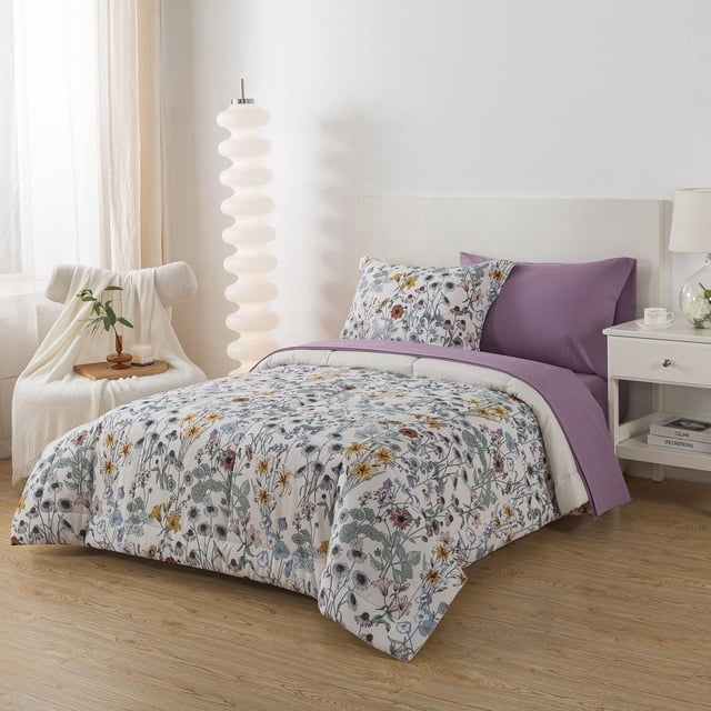 Mainstays All in One Reversible Comforter and Sheet Set, 5-Piece, Twin, White Multi Floral