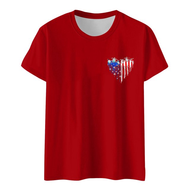 Hauts de Printemps pour Femmes Jour de L'Indépendance Drapeau Col Rond Imprimé Lettre Manches Courtes T-Shirts Surdimensionnés pour Femmes Rouge L