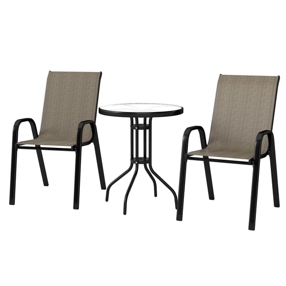 Ensemble Bistro d'Extérieur 3 Pcs, Petit Ensemble de Mobilier de Patio avec 2 Fauteuils Empilables en Maille et Table Ronde en Verre Trempé, Cadre en Acier pour Balcon, Jardin, Terrasse, Brun Mélangé Clair