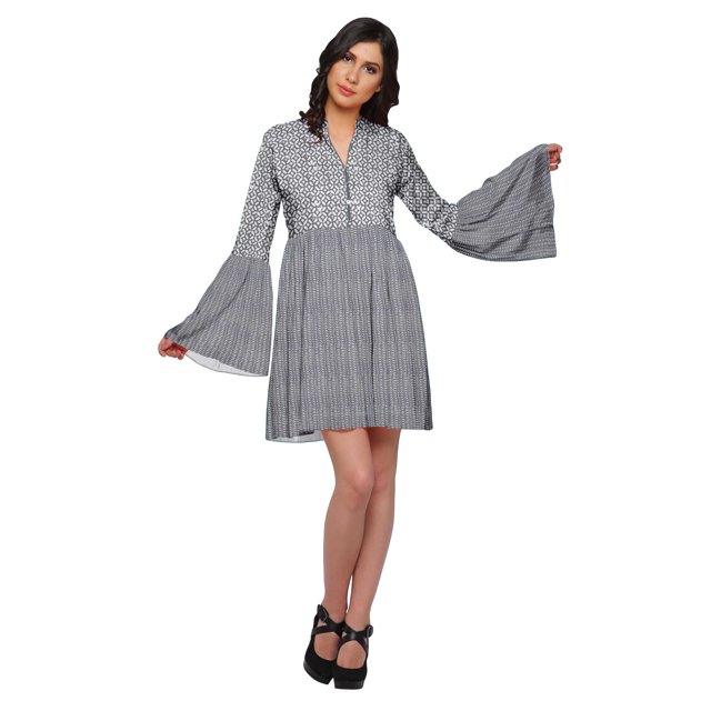 Moomaya Robe Courte Imprimée pour Femmes Tenue Décontractée Manches Évasées Vêtements d'Été