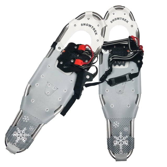 SNOWTREK Raquettes à Neige en Aluminium avec Sac de Transport Comprenant un Cadre en Aluminium Léger et un Plateau en HDPE Gris. Ces Raquettes à Neige Incluent un Harnais Ajustable à une Poignée pour un Ajustement Facile et des Barres pivot Semi-Rigides pour Réduire la projection de Neige. Conçues pour les Débutants, Elles Conviennent aux Terrains Plats et Roulants et Offertes en Diverses Tailles pour Accueillir des Poids de 30 à 350 Lb. Comprend un Sac de Transport durable avec des Poignées et une Sangle Ajustable.