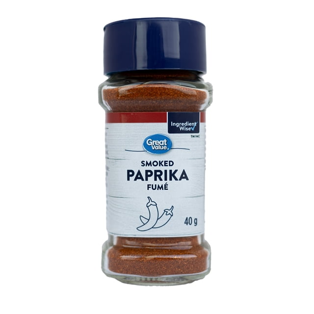 Great Value Smoked Paprika, 40g, in a clear glass jar with a dark blue lid and white label featuring the Great Value logo and chili pepper illustration, a smoked seasoning ideal for barbecue, meat, Tex-Mex dishes, and enriching stews or slow-cooked meals.