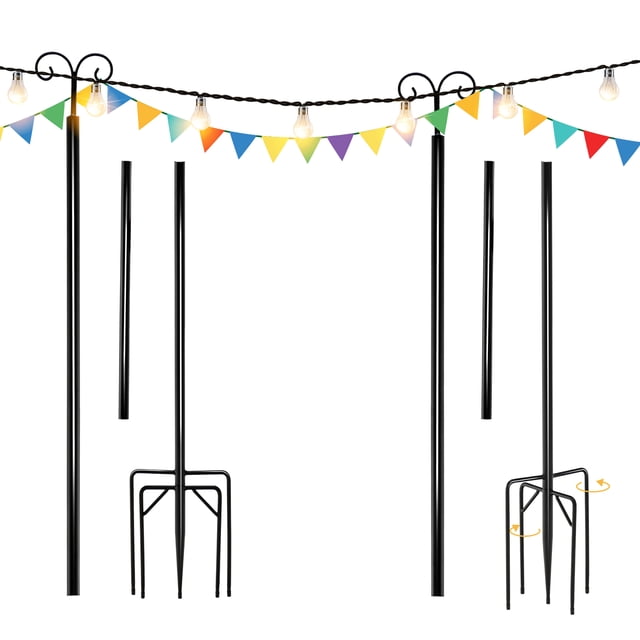 Costway 8ft String Light Poles 2 Pack Outdoor Metal Poles w/Top Arc Hook & 5-Prong Base