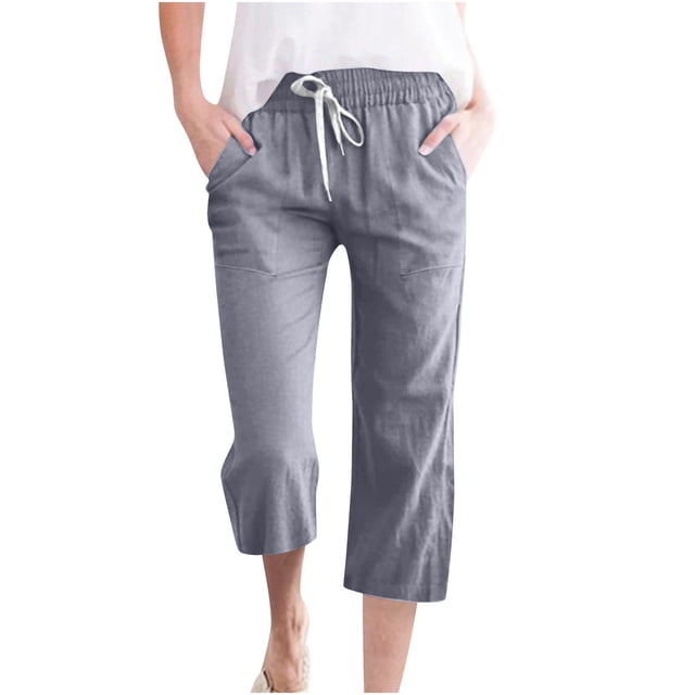 Timegard Capri Pants for Women Trendy Drawstring Elastic Waist Cropped Pants Straight Leg Solid Color Trousers with Pockets