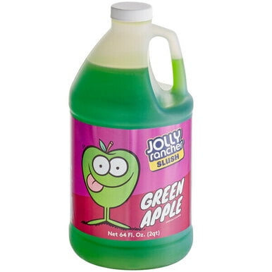 Jolly Rancher Sirop de Slush Pomme Verte 5:1 Concentré de Service Alimentaire en Vrac dans un Contenant de 64 oz. la Bouteille Contient un Liquide Vert Vif et Présente une Étiquette Ludique avec un Personnage de Pomme Verte de Dessin Animé. Parfait pour Créer des Slushs, des granitas, des cocktails Ou des Boissons Rafraîchissantes pour Adultes.