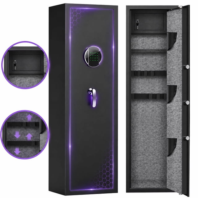 Silkight 5-10 Gun Safe, Quick Access Password Long Gun Safe, Digital Gun Safe with Backlit Keypad & LED Light for Shotguns and Pistols, Gun Cabinet with Adjustable Racks, Removable Shelf