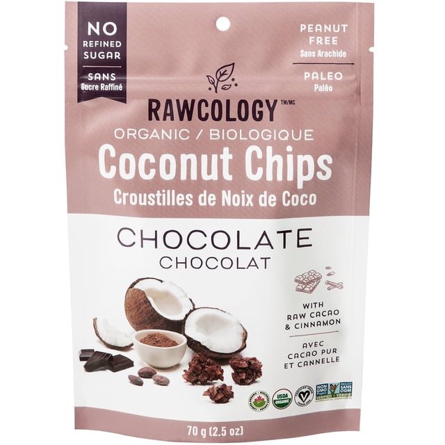 Rawcology Pépites de Chocolat et de Noix de Coco Biologiques, Pochette de 70 g avec Vue Frontale de l'Emballage. la Conception Met en Valeur les Attributs « Sans Sucre Raffiné », « Sans Arachides » et « Compatible Paléo ». des Images de Moitiés de Noix de Coco, de Poudre de cacao, de Morceaux de Chocolat et de Éclats de cacao Mettent l'Accent sur les Ingrédients Biologiques. Idéal comme Pépites de Cuisson Ou Collation Végane, Certifié Biologique et Sans Allergènes.